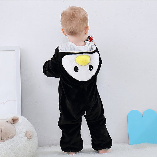 Adorable penguin onesie for kids, soft plush outfit with hood and flippers, perfect for playtime, bedtime, and fancy-dress fun.