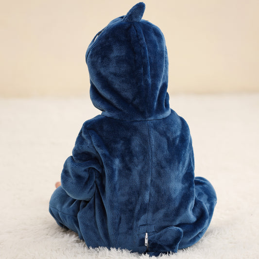 Fun blue shark onesie for kids, soft plush outfit with fin and hood design, perfect for playtime, bedtime, and costume parties