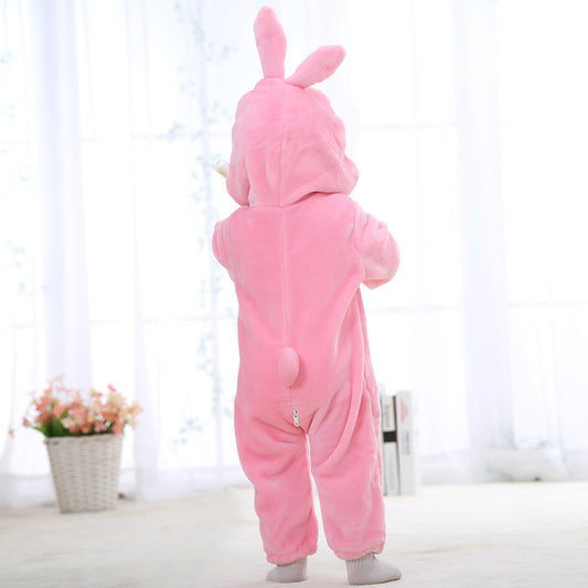 Adorable pink bunny onesie for kids, soft plush outfit with hood and ears, perfect for playtime, bedtime, and Easter fun
