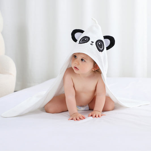 Adorable baby hooded towel with panda design made from ultra-soft bamboo cotton.
