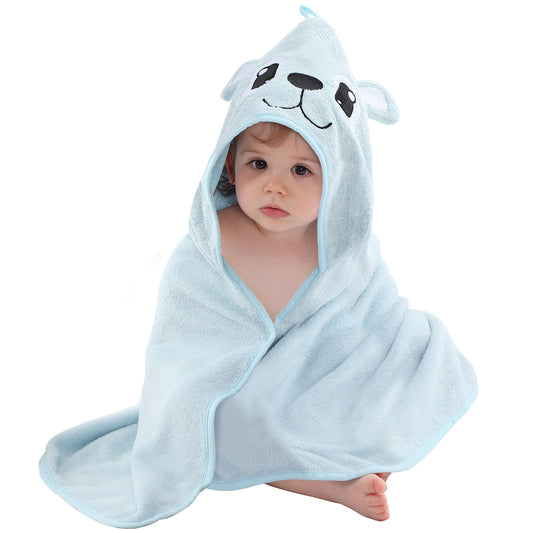 Eco-friendly bamboo baby towel featuring a cute blue bear hood