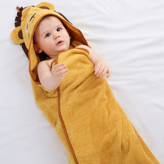 Adorable baby hooded towel with lion design made from soft bamboo cotton