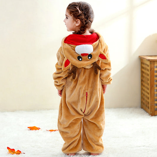 Child wearing reindeer Christmas onesie, warm and cuddly festive outfit perfect for photos and gifting