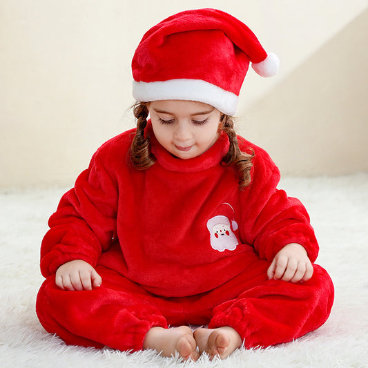 Festive Santa Christmas onesie for little kids, soft plush outfit perfect for holiday photos and cozy winter nights.
