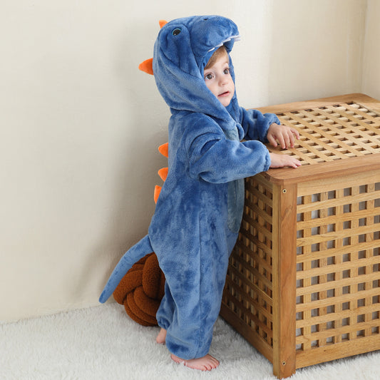 Adorable blue dinosaur baby onesie made from soft plush fabric, cozy and playful outfit for newborns and toddlers.