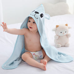 Eco-friendly bamboo baby towel featuring a cute blue bear hood