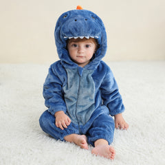 Adorable blue dinosaur baby onesie made from soft plush fabric, cozy and playful outfit for newborns and toddlers.